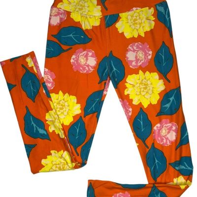 LuLaRoe Womens Leggings Yellow Carnation Floral Orange Buttery Soft One Size